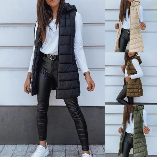 ⏰50% OFF🔥Long puffer vest for women 👗 | Solid color | Sleeveless | With hood | Winter clothing 💕