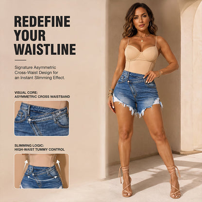 High-Waisted Diagonal-Button Design Raw Edge Ripped Denim Shorts