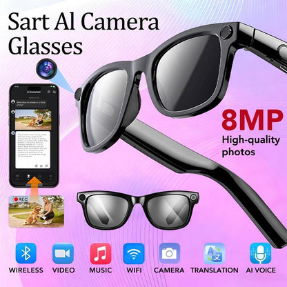 Smart glasses with AI and ChatGPT, 8MP camera and 1200P 4K HD video recording, real-time translation in over 160 languages, Bluetooth 5.4, HiFi audio and music control, wearable smart sunglasses with video recording.