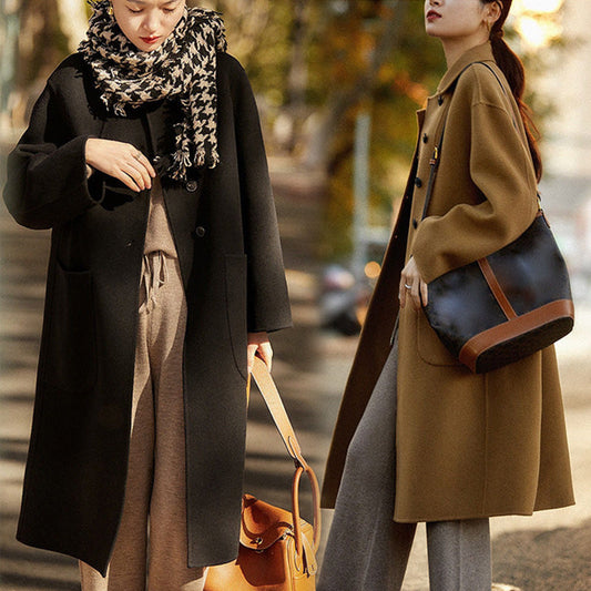 Women's Double-Faced Faux Wool Tweed Long Coat
