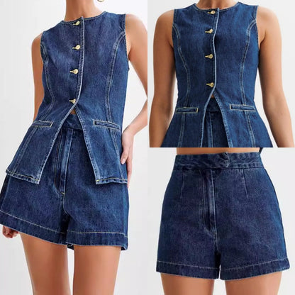💕HOT SALE💕Women's Casual Denim Two-Piece Sleeveless Top & Shorts Set