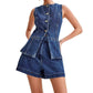 💕HOT SALE💕Women's Casual Denim Two-Piece Sleeveless Top & Shorts Set