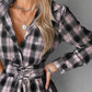 Plaid Print Lace-up Front Shining Rhinestone Decor Shirt for Women