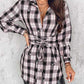 Plaid Print Lace-up Front Shining Rhinestone Decor Shirt for Women