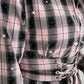 Plaid Print Lace-up Front Shining Rhinestone Decor Shirt for Women