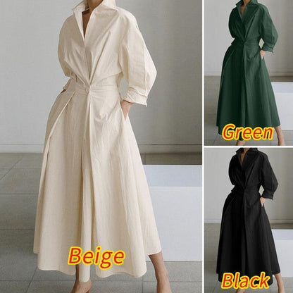 💥2025 New Products Hot Sale💕Women's Plain Cotton Lapel Shirt Wrap Dress