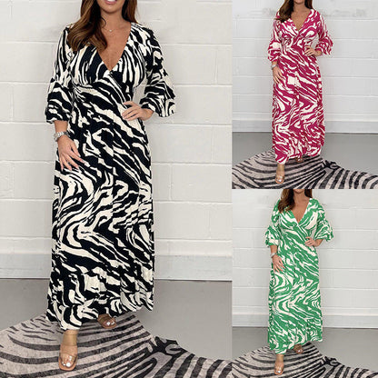 ✨V-Neck Zebra Stripe Waistline 3/4 Sleeve Dress