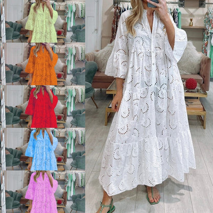 Women’s Elegant V Neck Eyelet Flowy Long Dress