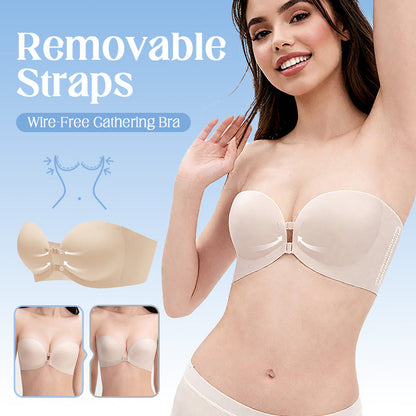 🥳2026 HOT SALE🥳💞50K+ SOLD!Wireless Gathering Bra with Removable Straps – Convertible Strapless, Halter & Crisscross – Front Closure, Soft Nylon, Breathable – Flattering A‑B Cups, Black & Nude – Sizes 32/70AB to 38/85AB