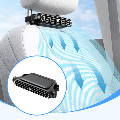 📢📢30% OFF !!!⏰Dual-Turbine Car Seat Fan – 3000mAh Battery or USB, Adjustable Angle, 3 Silent Speeds, Clip-Free Headrest Mount for Backseat Cooling