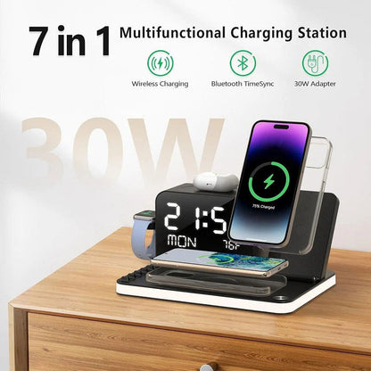 7-in-1 MagSafe Fast Wireless Charging Stand, Dual Mobile Phone Charging Station, Touch Night Light, Bluetooth, Digital Display, 33W Adapter. For iPhone 16/15/14/13/12 Pro Max, Apple Watch, Earbuds and Android.