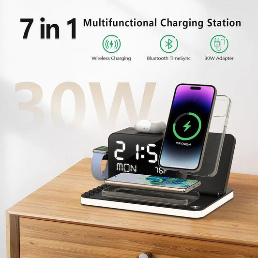 7-in-1 MagSafe Fast Wireless Charging Stand, Dual Mobile Phone Charging Station, Touch Night Light, Bluetooth, Digital Display, 33W Adapter. For iPhone 16/15/14/13/12 Pro Max, Apple Watch, Earbuds and Android.