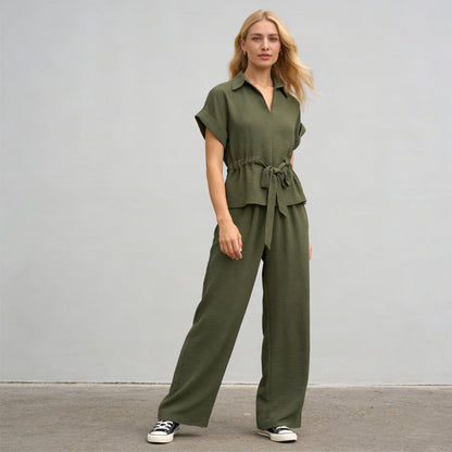 Women's Collared Drawstring Waist Top & Pants Set