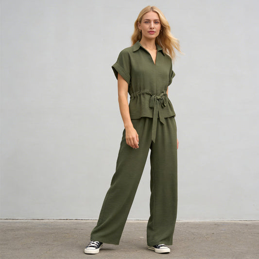 Women's Collared Drawstring Waist Top & Pants Set