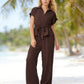 Women's Collared Drawstring Waist Top & Pants Set
