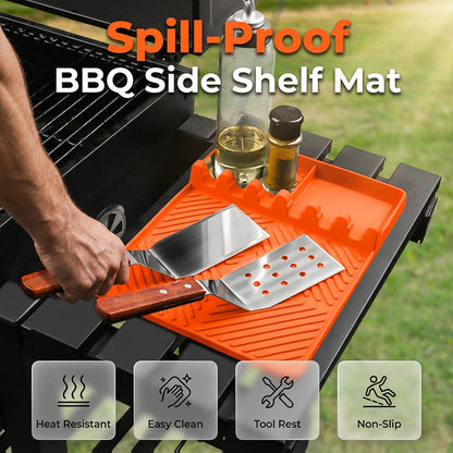 🍔 Silicone BBQ Side Shelf Mat – Spill-Proof, Heat Resistant, Non-Slip, Dishwasher Safe – Organise Tongs & Spatulas, Protect Grill Counter (Red/Grey/Orange)