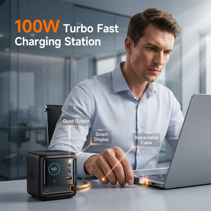 🔥Limit 2 per customer⚡ 100W Desktop Fast Charging Station – Built‑in Retractable Cable, 4 Ports, Real‑time Power Display – USB C Hub for Laptop, Phone, Tablet – Zero Cable Clutter (UK Plug)