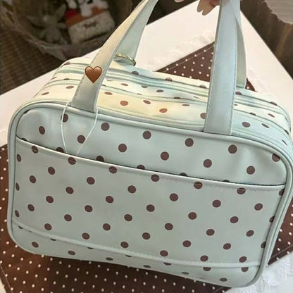 Large Polka Dot Makeup Bag 💙 – PU Leather Cosmetic Organiser, Smart Compartments, Portable Handle, Travel & Daily Use