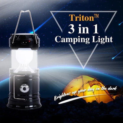 🎁 3-in-1 Solar Camping Lantern – Retractable, 2 Light Modes (White & Flickering Flame), Flashlight, USB+Solar Charging – Ultra Portable for Hiking, Tent, Emergency (360g)