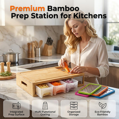 Bamboo Prep Station with Built‑in Graters & Storage Drawers – 4‑in‑1 Chopping Board with Slide‑Out Containers – Knife‑Friendly, Space‑Saving Kitchen Organiser – Hand Wash