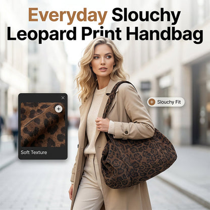 Slouchy Leopard Print Tote Bag – Soft Faux Suede, Lightweight Large Capacity Shoulder Bag with Zip Closure, Casual Streetwear Style for Everyday