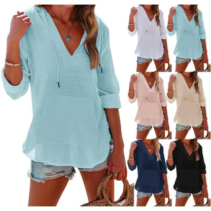 👚V-Neck Cotton-Linen Hooded Top – Lightweight Long Sleeve with Kangaroo Pocket & Adjustable Drawstring Hood, Versatile Layering Essential for Casual & Street Style