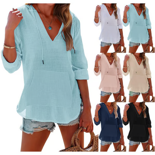👚V-Neck Cotton-Linen Hooded Top – Lightweight Long Sleeve with Kangaroo Pocket & Adjustable Drawstring Hood, Versatile Layering Essential for Casual & Street Style