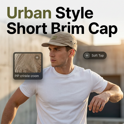 Short Brim Packable Cap – 5-Panel Urban Hat, Lightweight Crinkle Fabric, Foldable & Soft Top, Casual Streetwear Unisex