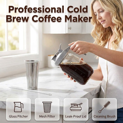 Cold Brew Coffee Maker – 32oz / 64oz Glass Pitcher, Ultra-Fine Stainless Steel Filter, Leak-Proof Flip Lid, Measurement Markings & Cleaning Brush, Perfect for Smooth Homemade Iced Coffee