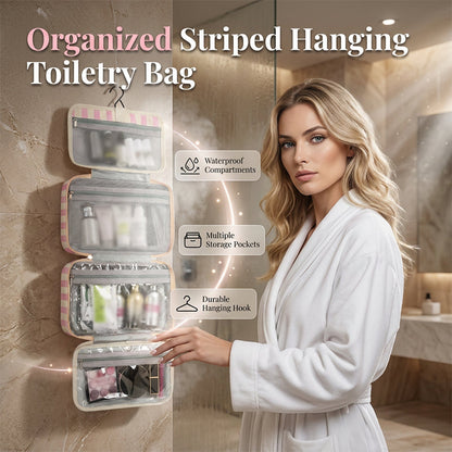 🔥🔥Hot seller recently!🥳Striped Hanging Toiletry Bag – 4 Transparent Compartments, Water-Resistant, Foldable Tote with Hook, Travel Organiser for Cosmetics & Toiletries, Multiple Colours