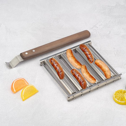 Stainless Steel Hot Dog Roller – Grill 5 Sausages at Once, Removable Hardwood Handle, Even Cooking, Fits Inside Closed BBQ Lid – Perfect Grilling Accessory for Garden & Camping🌭🔥