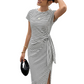 Striped Midi Dress with Adjustable Side Tie – Ruched Waist, Breathable Crew Neck, Cap Sleeves, Elegant Side Slit, Summer Casual & Evening Dress – 6 Colours, S-XL