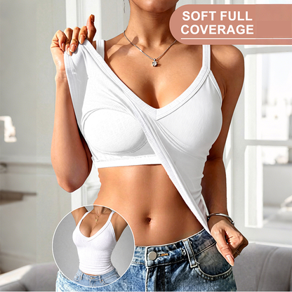 ✨💃Women’s Ribbed V-Neck Vest with Built-In Padded Bra – Slim Fit Racerback Tank Top, Stretch Nylon, 5 Colours, S-XL