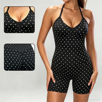 💥Up to 50% off！2-Piece Halter Neck Activewear Set – Built-In Padded Bra Top & High-Waisted Shorts, Ruched Bust, Stretchy Nylon, Polka Dot Print, Ideal for Yoga, Fitness & Summer Casual
