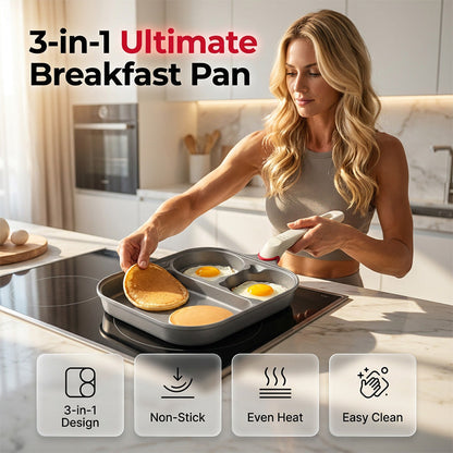 💥Up to 50% off ！3-in-1 Non-Stick Breakfast Pan 🍳 – Titanium Coating, Deep Cooking Zones, Cook Eggs, Bacon & Pancakes Simultaneously, Includes Spatula & Brush