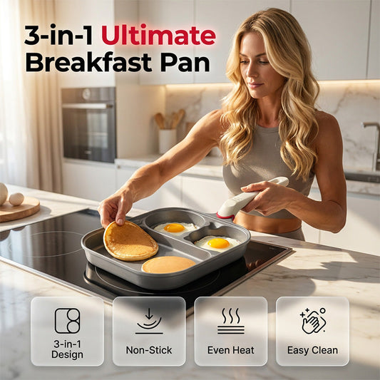 💥Up to 50% off ！3-in-1 Non-Stick Breakfast Pan 🍳 – Titanium Coating, Deep Cooking Zones, Cook Eggs, Bacon & Pancakes Simultaneously, Includes Spatula & Brush