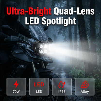 Dual-Color LED Auxiliary Light 💡 – 3000K Yellow Fog Beam & 6000K White High Beam, Quad Lens, A+ Waterproof, 6063 Aluminium, 12-60V for Motorcycle & Truck