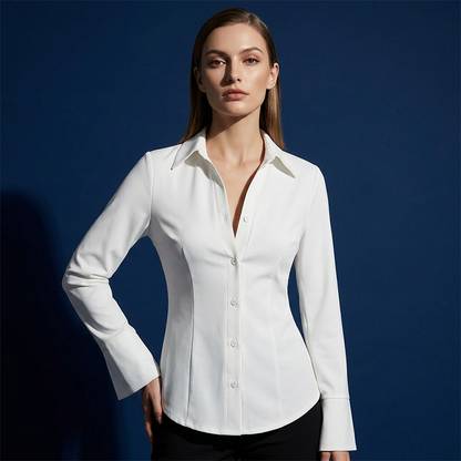 Structured Waist Shirt with Flared Cuffs & Asymmetric Hem – Flattering Hourglass Silhouette, Versatile Office to Weekend Wear