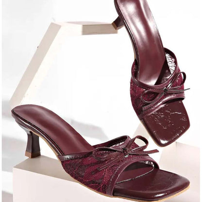 Lace Kitten Heel Mules 👡✨ – Square Toe, Bow Accent, Slip-On, 3 Colours