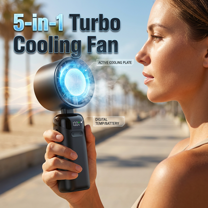 5-in-1 Semiconductor Cooling Fan ❄️📱 – Neck, Desk & Ice Plate, LED Display