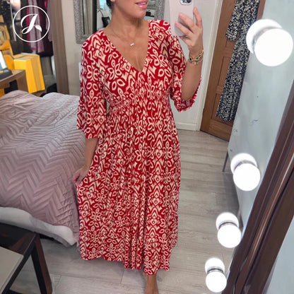 🔥Hot Sale🔥Boho Floral Midi Dress 🌸✨ – V-Neck, Elastic Waist, Off-Shoulder, Lightweight