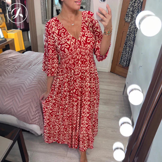 🔥Hot Sale🔥Boho Floral Midi Dress 🌸✨ – V-Neck, Elastic Waist, Off-Shoulder, Lightweight