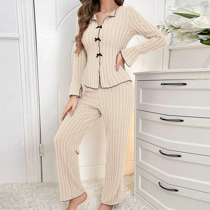 Women's Ribbed Knit Pajamas Sets with Lapel Collar & Bows