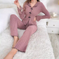 Women's Ribbed Knit Pajamas Sets with Lapel Collar & Bows