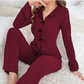Women's Ribbed Knit Pajamas Sets with Lapel Collar & Bows