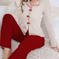 Women's Ribbed Knit Pajamas Sets with Lapel Collar & Bows